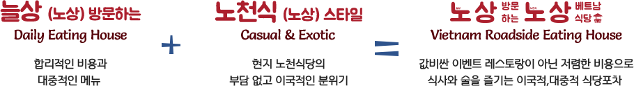 e??i?? (e?¸i??) e°ⓒe￢¸i??e?? Daily Eating House i?ⓒe|￢i ?i?¸ e¹?i?ⓒe³¼ e?i¤?i ?i?¸ eⓒ?e?´ + e?¸i²?i?? (e?¸i??) i?¤i?i?¼ Casual & Exotic i??i§ e?¸i²?i??e?¹i?? e¶e?´i??e³  i?´eμ­i ?i?¸ e¶?i??e¸° = e?¸i?? e°ⓒe￢¸i??e?? e?¸i?? e² i?¸e?¨ i??e?¹ Vietnam Roadside Eating House e°?e¹?i?¼ i?´e²¤i?¸ e ?i?¤i? e??i?´ i??e?? i e ´i?? e¹?i?ⓒi?¼e¡? i??i?￢i? i? i?? i|?e¸°e?? i?´eμ­i ?, e?i¤?i ? i??e?¹i?￢i°¨